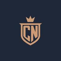 CN monogram initial logo with shield and crown style vector