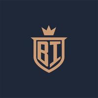 BI monogram initial logo with shield and crown style vector