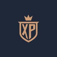 XP monogram initial logo with shield and crown style vector
