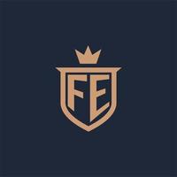 FE monogram initial logo with shield and crown style vector