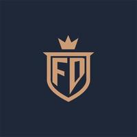 logotipo inicial del monograma fd con estilo de escudo y corona vector