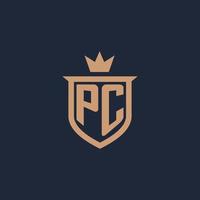 PC monogram initial logo with shield and crown style vector