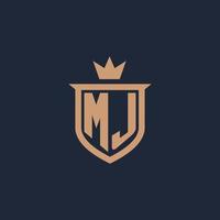 MJ monogram initial logo with shield and crown style vector