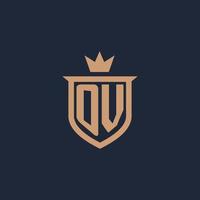 OV monogram initial logo with shield and crown style vector