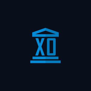 monograma del logotipo inicial de xo con vector de diseño de icono de edificio de juzgado simple
