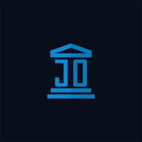 monograma del logotipo inicial de jo con vector de diseño de icono de edificio de juzgado simple