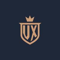 VX monogram initial logo with shield and crown style vector