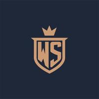 WS monogram initial logo with shield and crown style vector