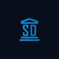 monograma del logotipo inicial de sd con vector de diseño de icono de edificio de juzgado simple