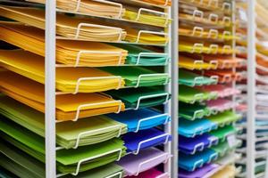 Colorful art papers on shelf display in stationery store photo