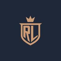 RL monogram initial logo with shield and crown style vector
