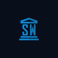 SW initial logo monogram with simple courthouse building icon design vector
