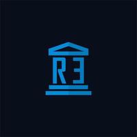 RE initial logo monogram with simple courthouse building icon design vector