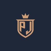 logotipo inicial del monograma pj con estilo escudo y corona vector