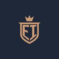 EI monogram initial logo with shield and crown style vector