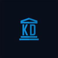 monograma del logotipo inicial de kd con vector de diseño de icono de edificio de juzgado simple