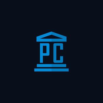 PC initial logo monogram with simple courthouse building icon design vector