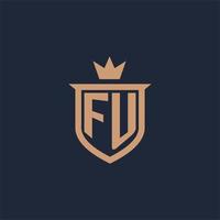 FU monogram initial logo with shield and crown style vector