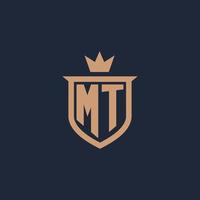 MT monogram initial logo with shield and crown style vector