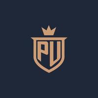 PU monogram initial logo with shield and crown style vector