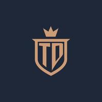 logotipo inicial del monograma td con estilo de escudo y corona vector