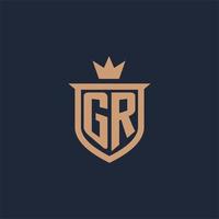 logotipo inicial del monograma gr con estilo de escudo y corona vector