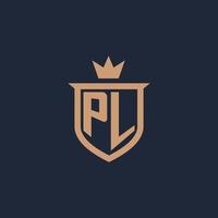 PL monogram initial logo with shield and crown style vector