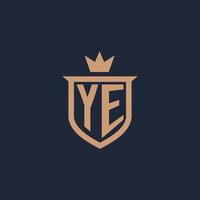 YE monogram initial logo with shield and crown style vector