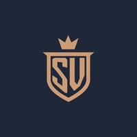 SV monogram initial logo with shield and crown style vector