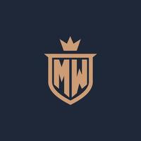 MW monogram initial logo with shield and crown style vector