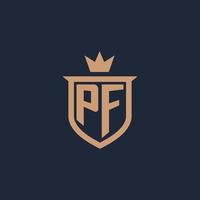 logotipo inicial del monograma pf con estilo de escudo y corona vector