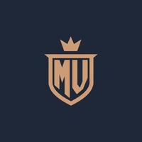 MV monogram initial logo with shield and crown style vector