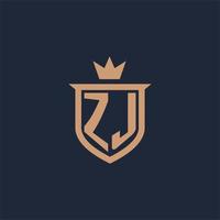 ZJ monogram initial logo with shield and crown style vector