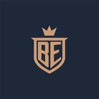 BE monogram initial logo with shield and crown style vector