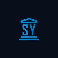 monograma del logotipo inicial de sy con vector de diseño de icono de edificio de juzgado simple