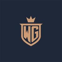 logotipo inicial del monograma wg con estilo de escudo y corona vector