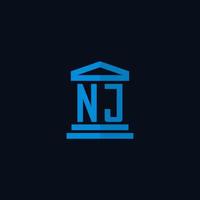 monograma del logotipo inicial de nj con vector de diseño de icono de edificio de juzgado simple