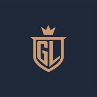 logotipo inicial del monograma gl con estilo de escudo y corona vector