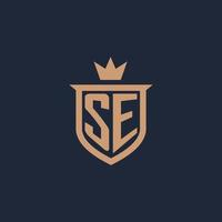 SE monogram initial logo with shield and crown style vector