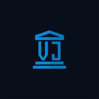 Monograma del logotipo inicial vj con vector de diseño de icono de edificio de juzgado simple