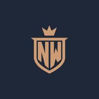 NW monogram initial logo with shield and crown style vector