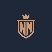 NM monogram initial logo with shield and crown style vector