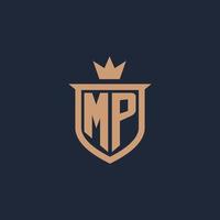 MP monogram initial logo with shield and crown style vector