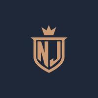 NJ monogram initial logo with shield and crown style vector