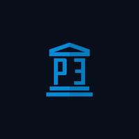 PE initial logo monogram with simple courthouse building icon design vector