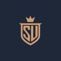 SU monogram initial logo with shield and crown style vector