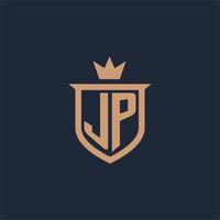 JP monogram initial logo with shield and crown style vector