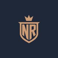 NR monogram initial logo with shield and crown style vector