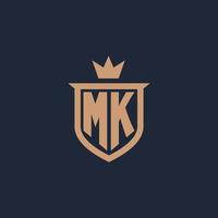 MK monogram initial logo with shield and crown style vector