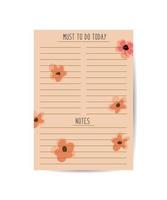 Cute Planner with flowers to do list memo printable vector illustration For print or using in app.